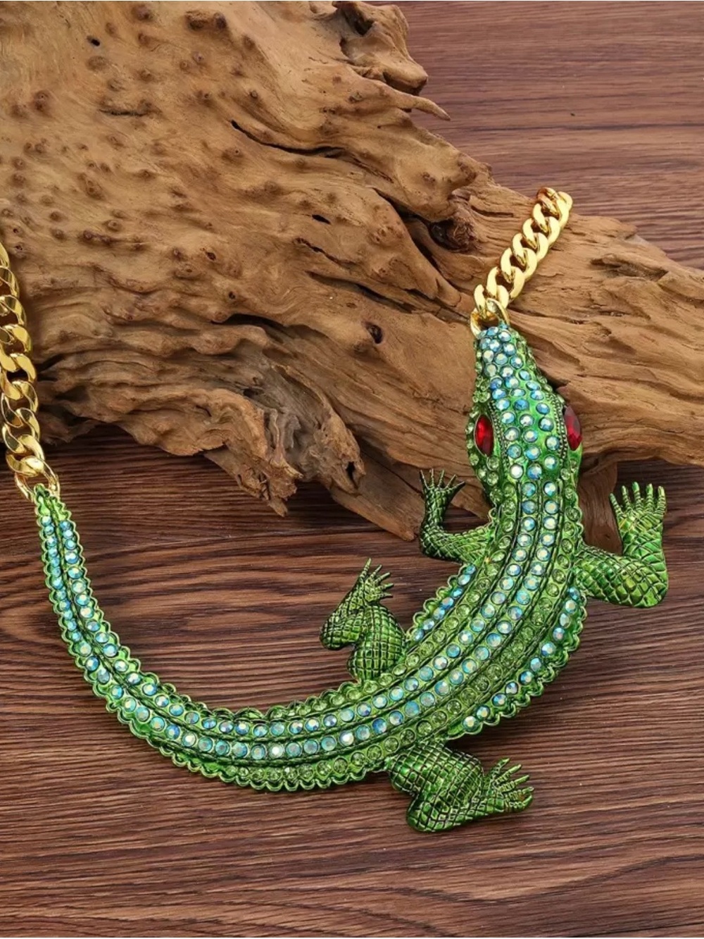 NWT Green and Blue Crystal Lizard Pendant Necklace with Red Eyes, Statement